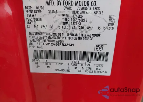 2006 Ford F-150 Lariat/Xlt из США, поврежденный, VIN 1FTPW12V56FB32141